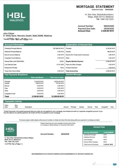 Download Maldives Habib Bank Limited (HBL) mortgage statement Word and PDF template Photoshop template